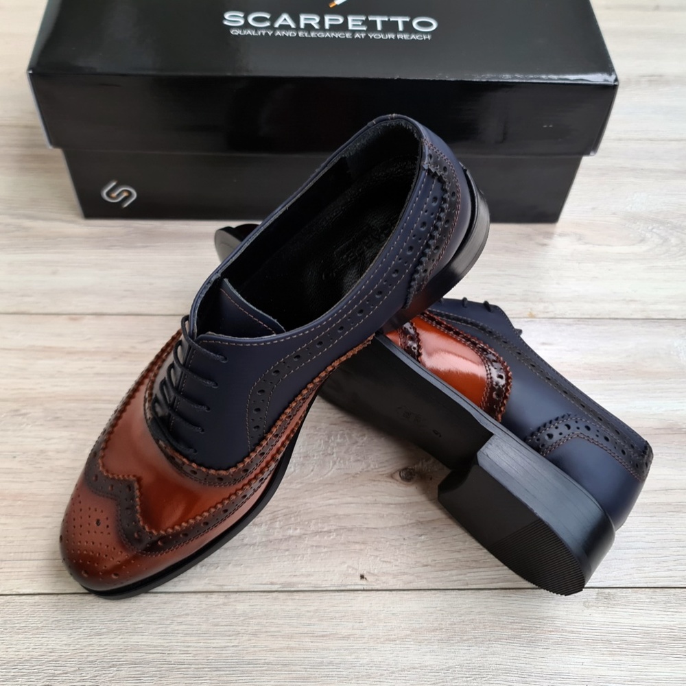 Brown-Navy Wingtip Genuine Leather Oxford Men's Dress Shoes - Picture 5 of 6